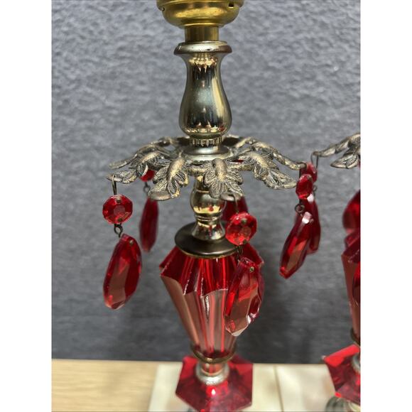 Vintage Red Hollywood Regency Lamp Crystals Gold Marble Punch Pleat Shade Lot 2 - Picture 8 of 15